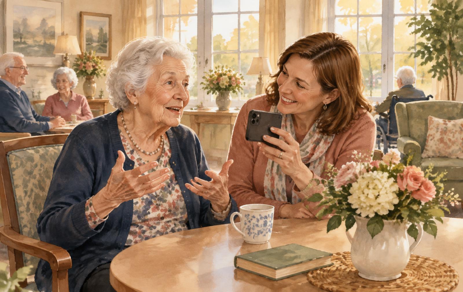 A senior woman telling a story while her adult daughter records it on a phone during a Living Legacy Journey memory workshop at a senior living community.
