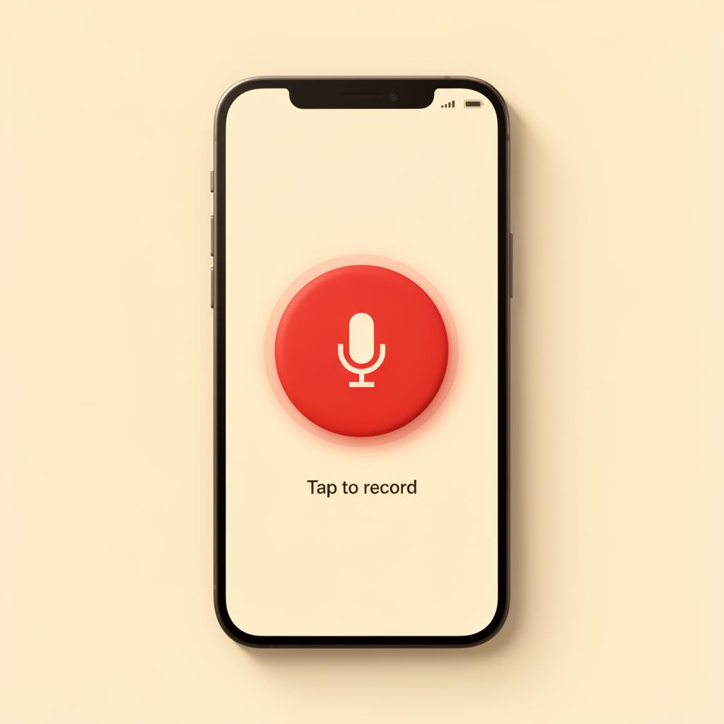 Phone screen with a large red record button labeled Tap to record