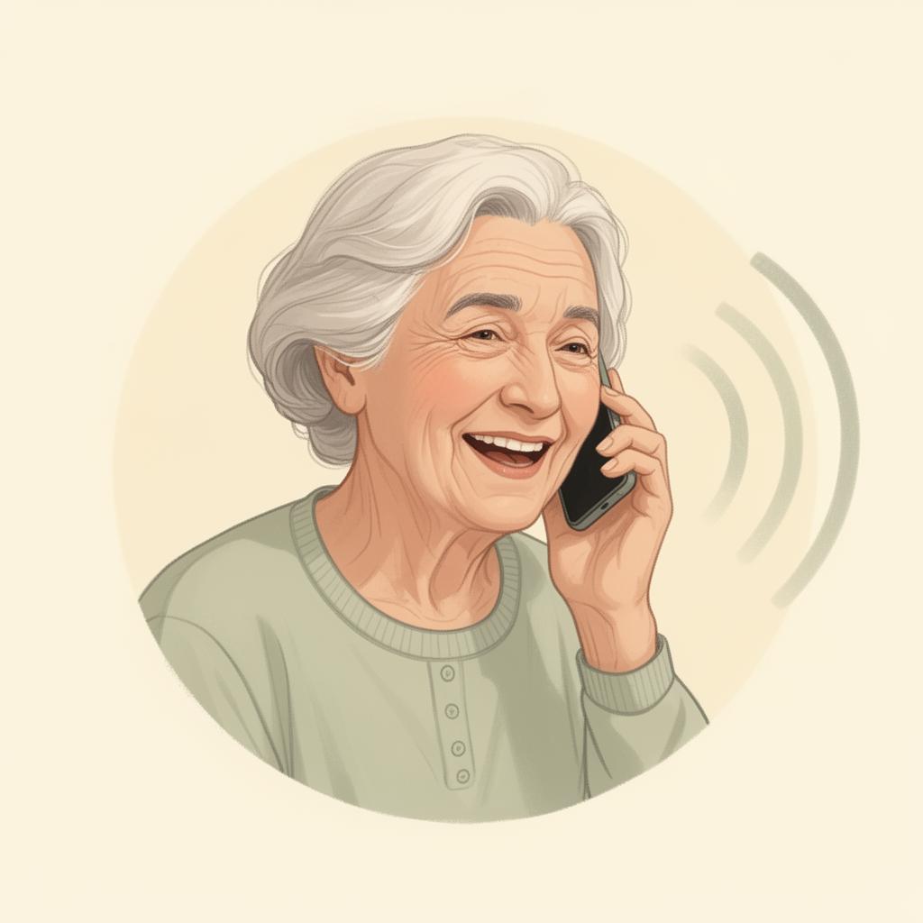 An older woman smiling as she speaks into her phone